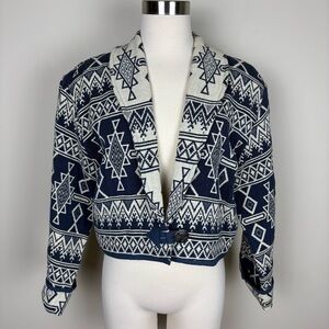Casual Corner & Co Vintage Cropped Southwestern Jacket Blue Cream Tribal Boho